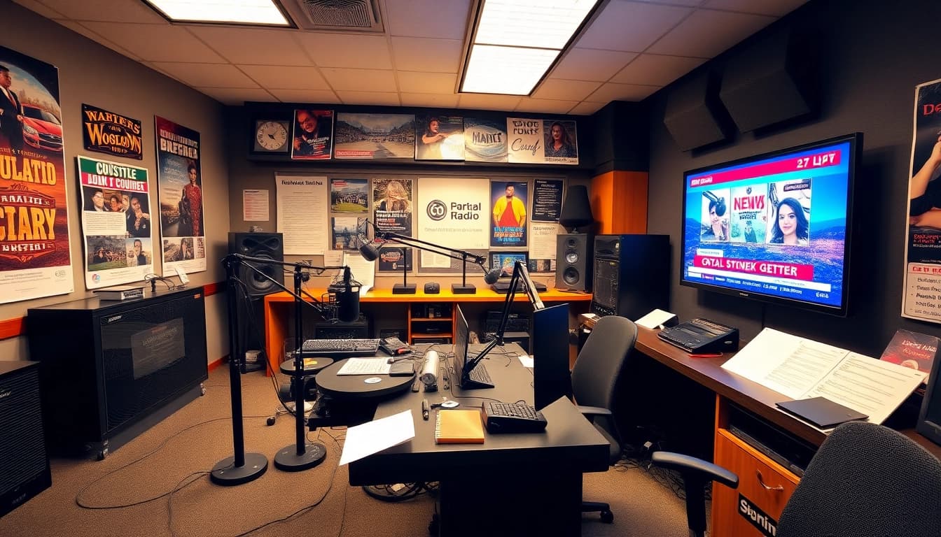 Broadcasting desk at https://chadronradio.com/ showcasing microphones and local news highlights.