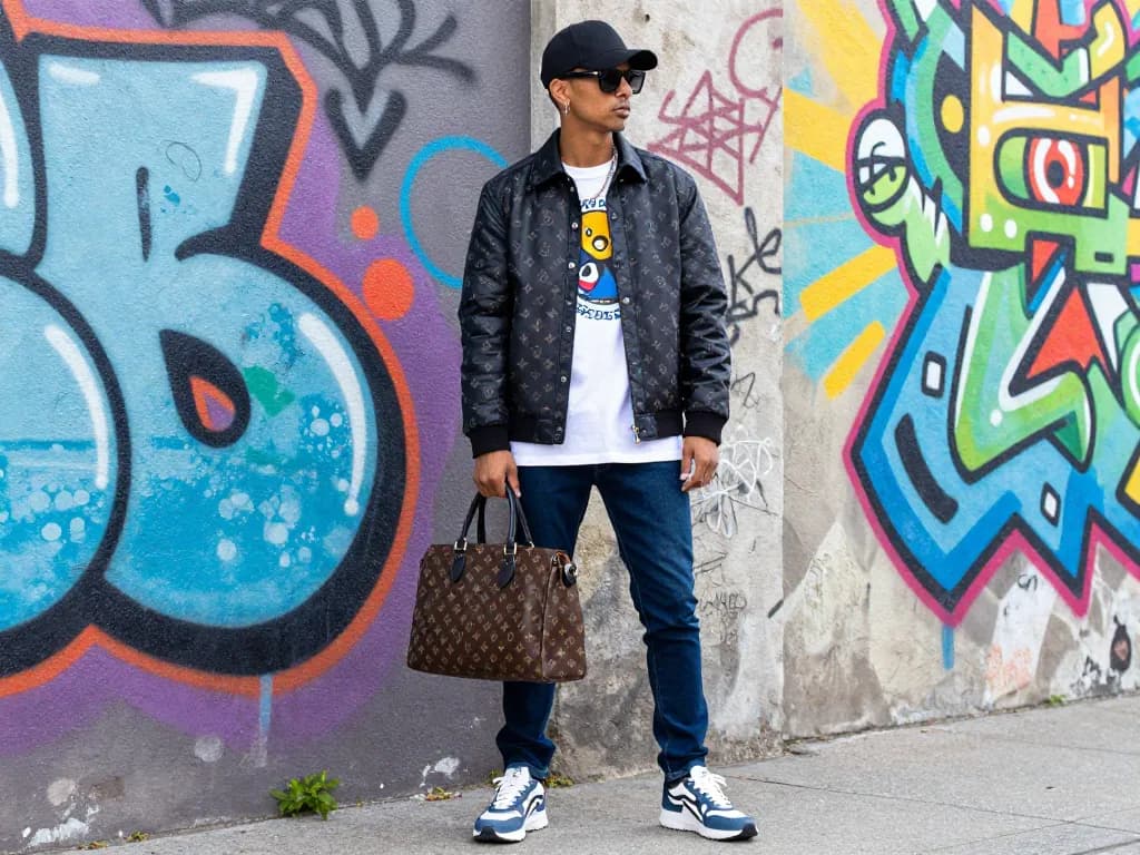 Trendy individual showcasing stylish 레플리카 fashion in an urban setting.