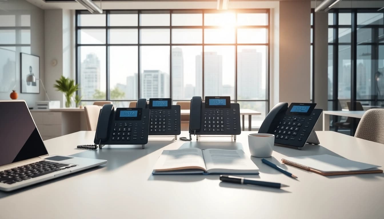 Showcasing a sophisticated business phone setup in a modern office space.