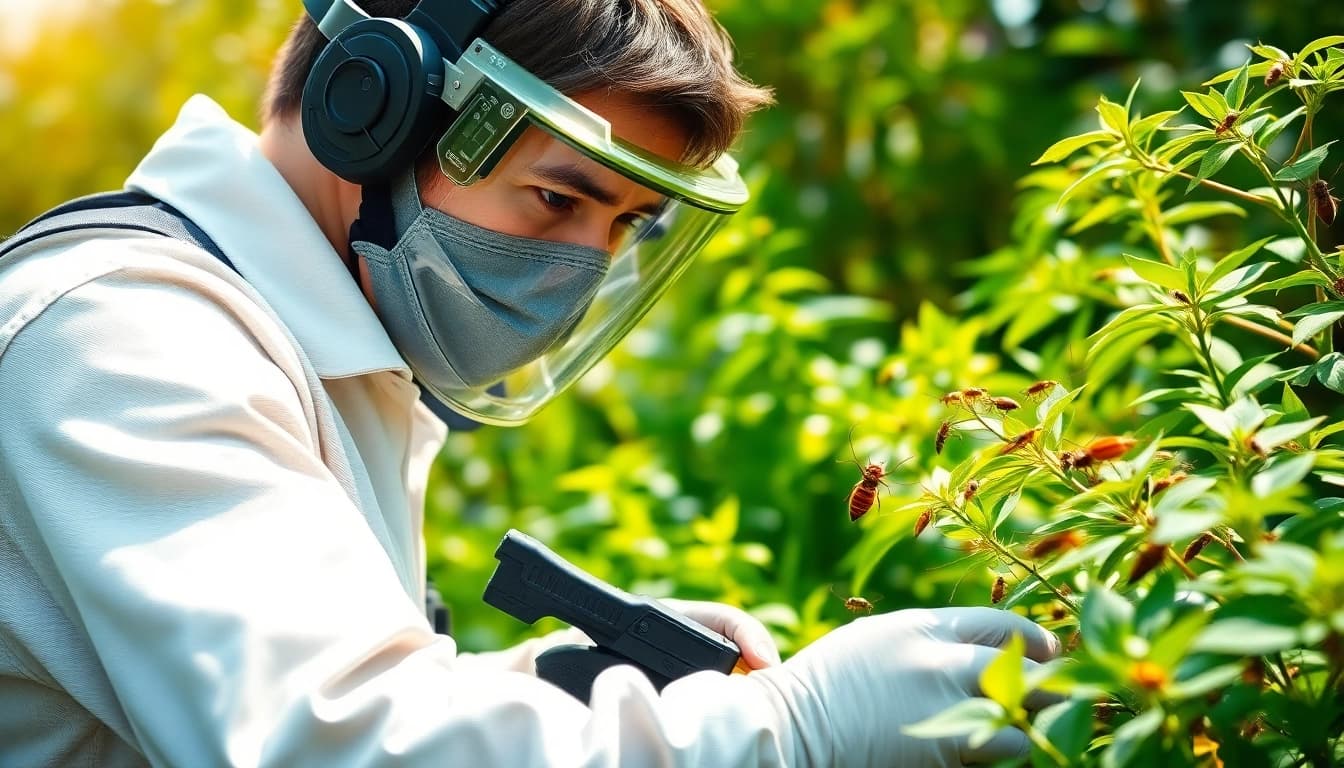 Trustworthy technician demonstrating trusted insect control service in a lush garden.