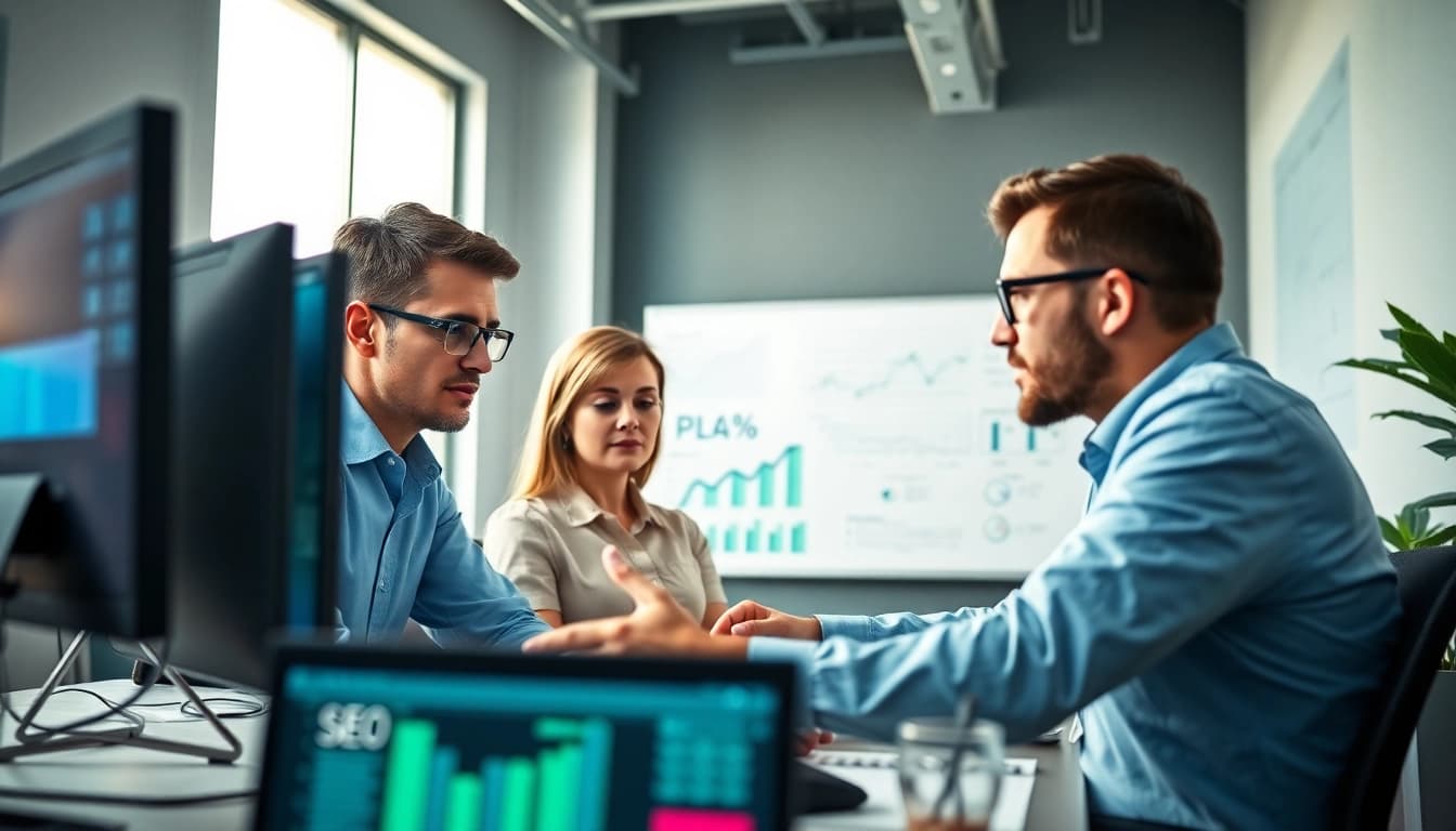 Analyze SEO data with a dedicated team in a modern office, focusing on growth.
