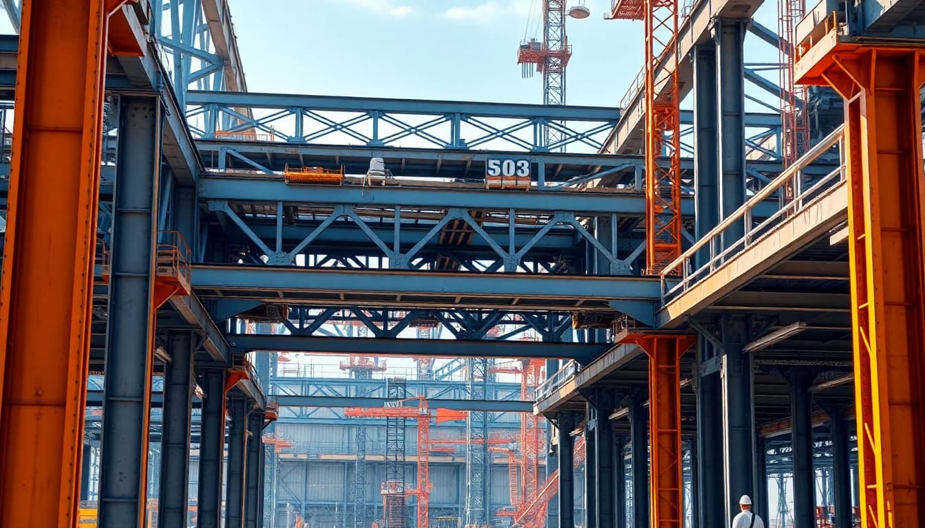 Showcasing a stunning steel structure design with intricate beams and construction setting elements.