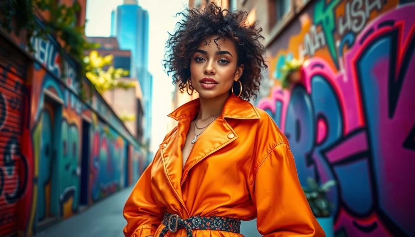 Fashion model presenting a stylish outfit against a vibrant urban backdrop with city elements.