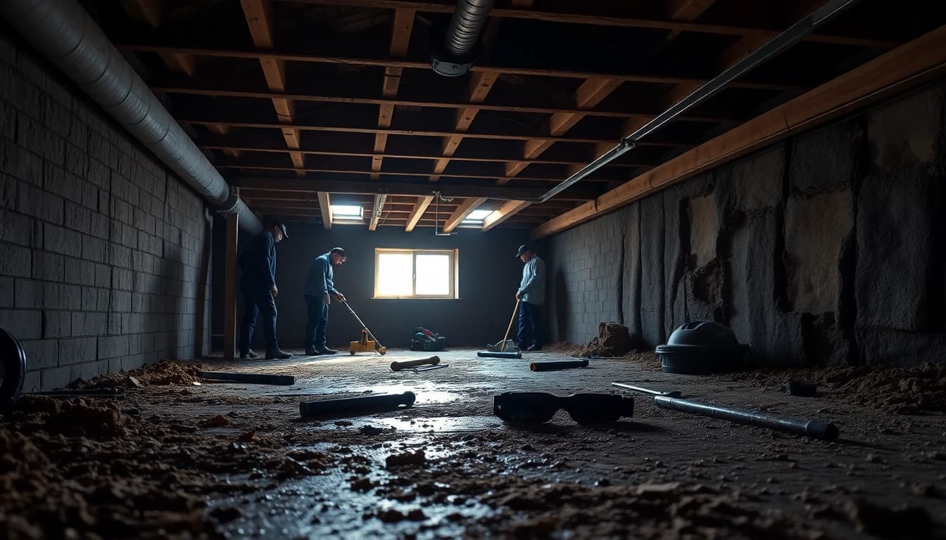 Crawl Space Restoration showcasing professionals repairing moisture damage and inspecting insulation.