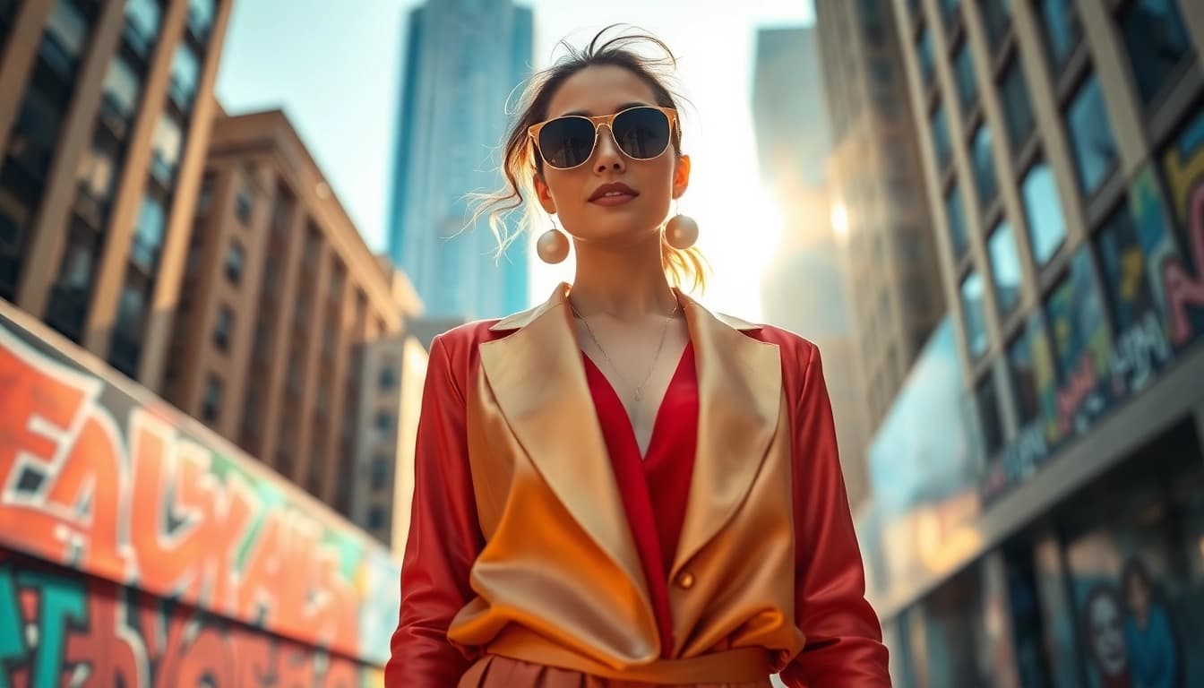 Fashion model showcasing contemporary trends in a vibrant urban setting.