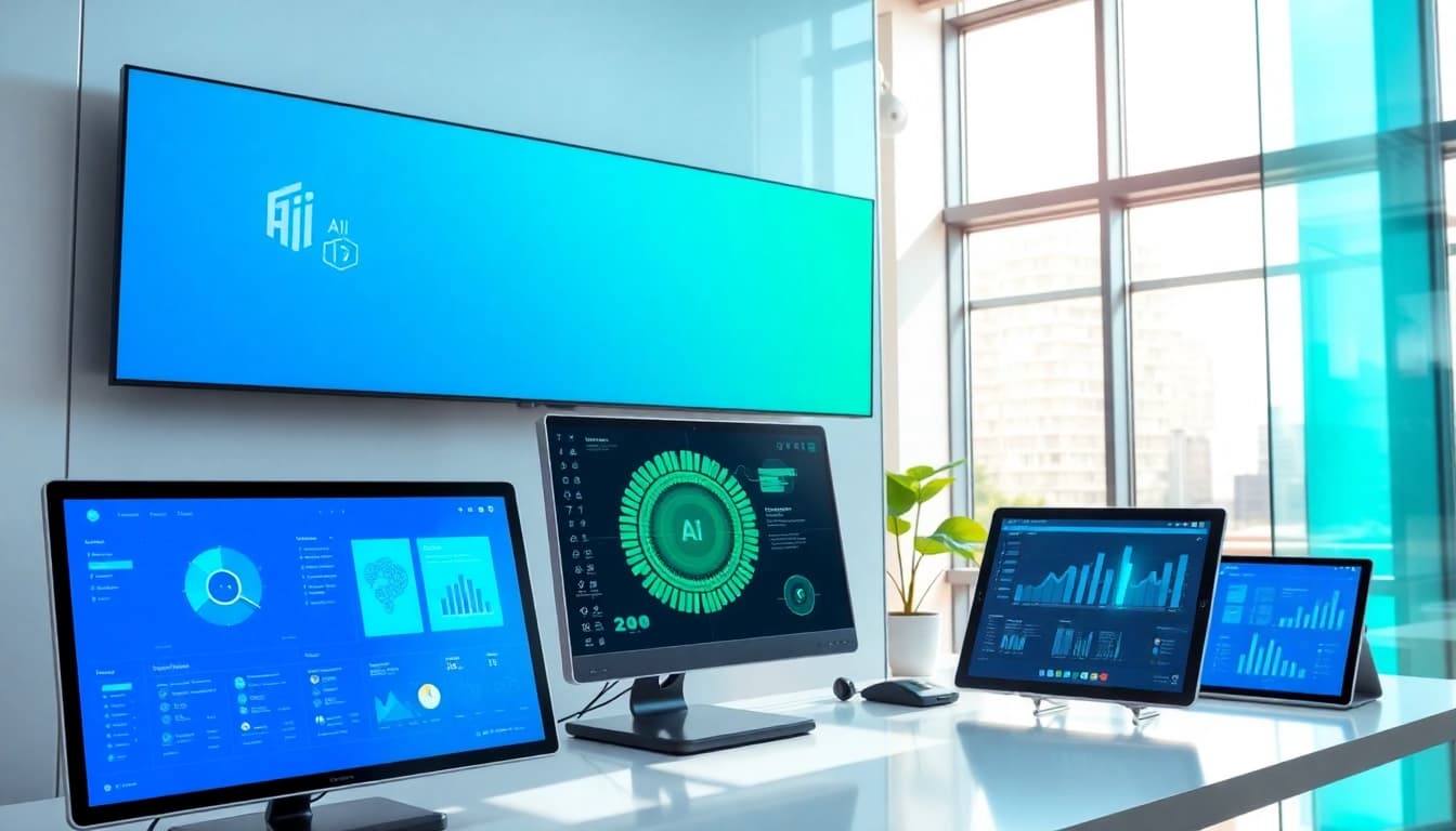 Showcasing AI tools at https://best-ai-tools.org in a modern office environment with innovative tech features.