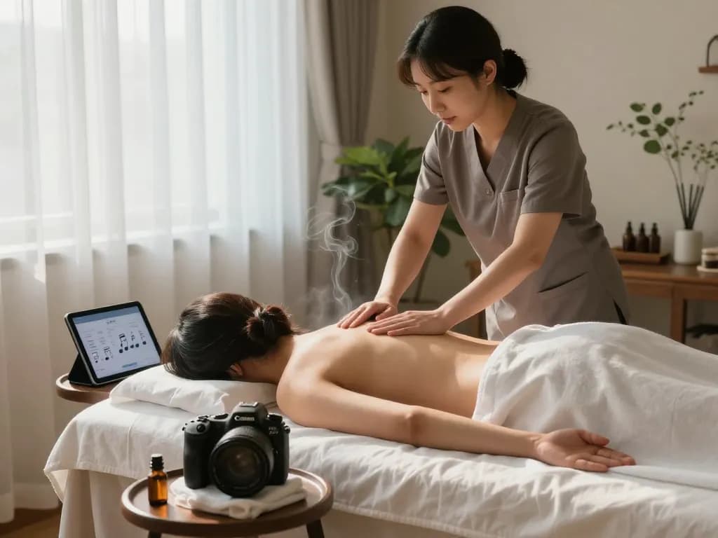 편안한 장식과 부드러운 조명의 평화로운 마사지 스튜디오에서 신사동마사지를 즐기는 고객.