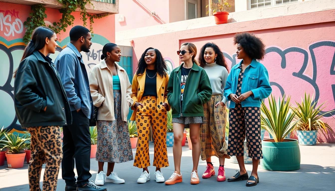 Showcasing dynamic fashion trends with diverse styles in a vibrant urban setting.