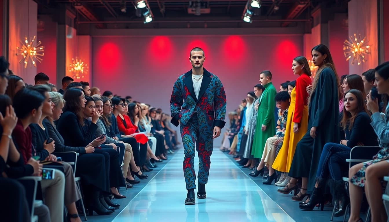 Captivating Fashion runway scene with models showcasing diverse styles and trends.