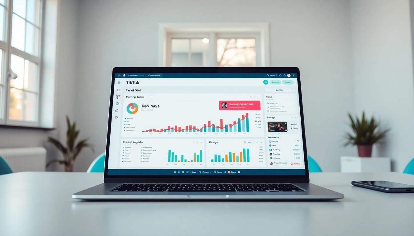 Showcase the TikTok SMM panel in a modern workspace, emphasizing digital growth metrics.