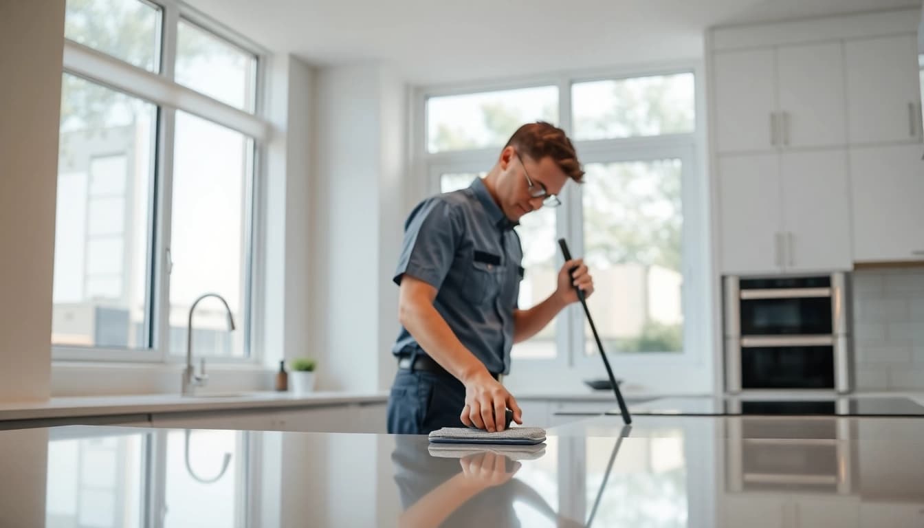 Bond cleaning brisbane featuring a professional cleaner in a spotless apartment.