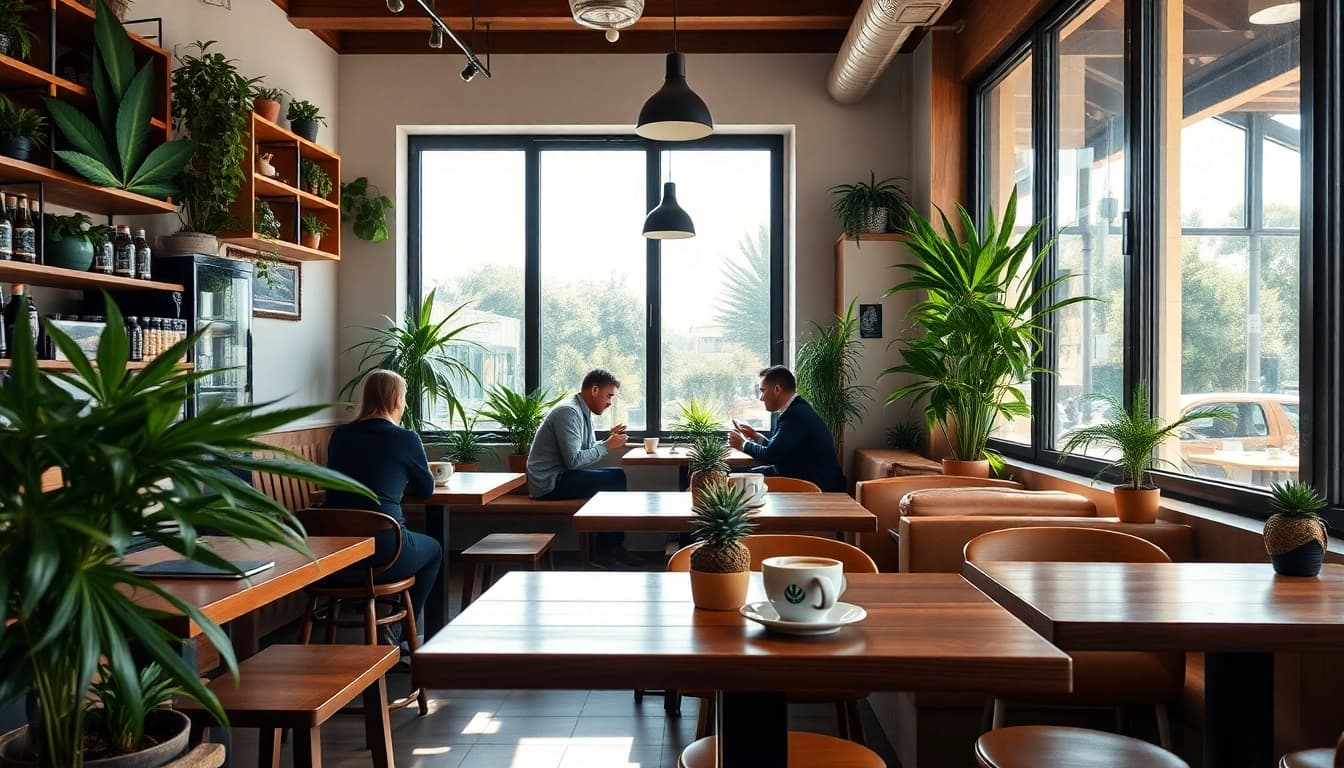 Kunden genießen Cannabis Coffee Shop Lloret de Mar in einem gemütlichen Ambiente mit natürlichem Licht.