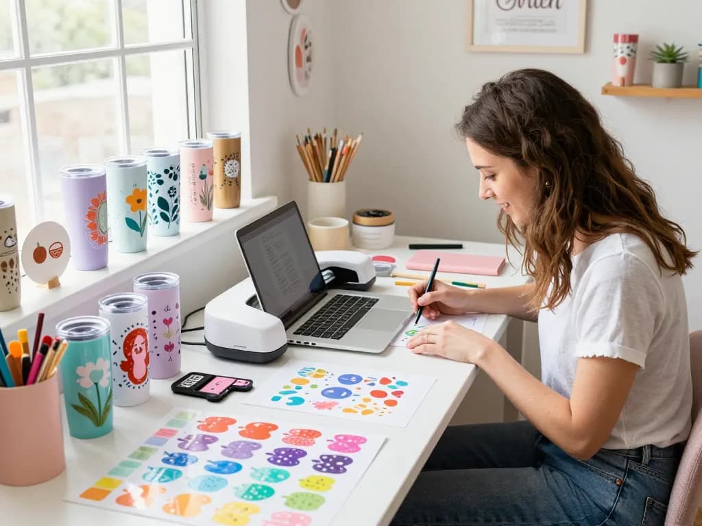 Creating vibrant tumbler designs with cricut svg bundle in a home studio.