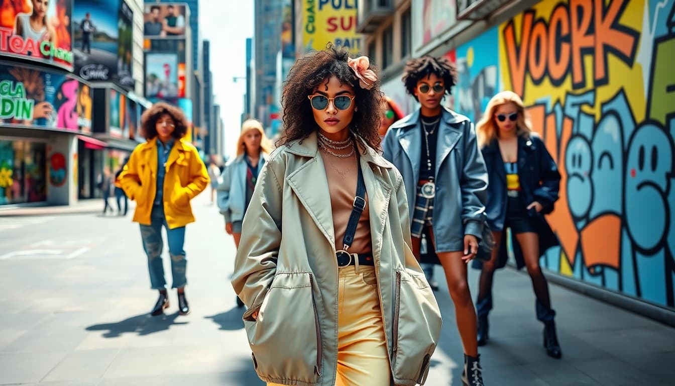 Fashion models showcasing urban styles in a vibrant city atmosphere.