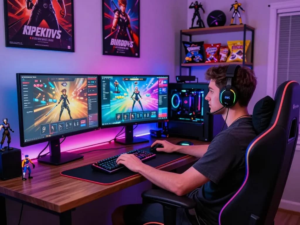 Player enjoying an immersive sex simulator game on a triple-monitor setup in a colorful gaming room.