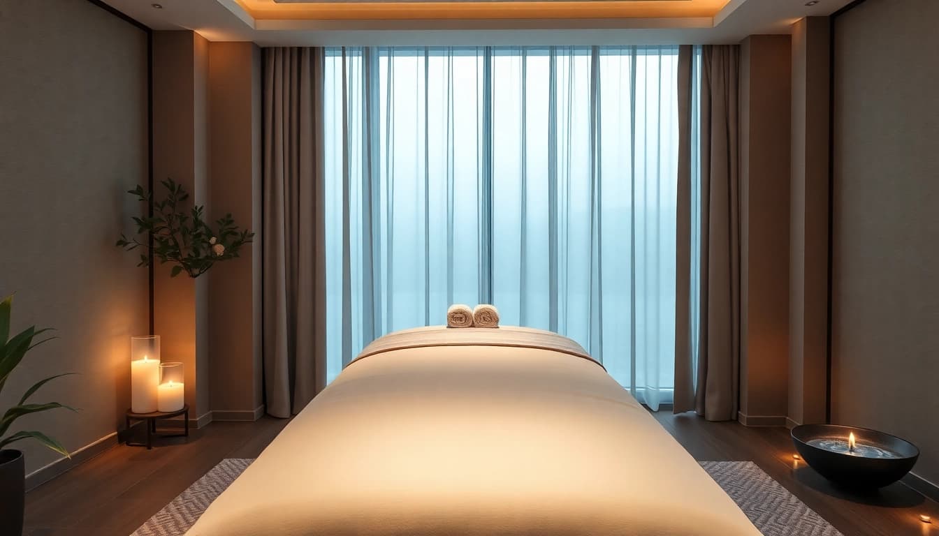 Serene hotel room setup for 출장안마 services featuring an elegant massage table and calming ambiance.