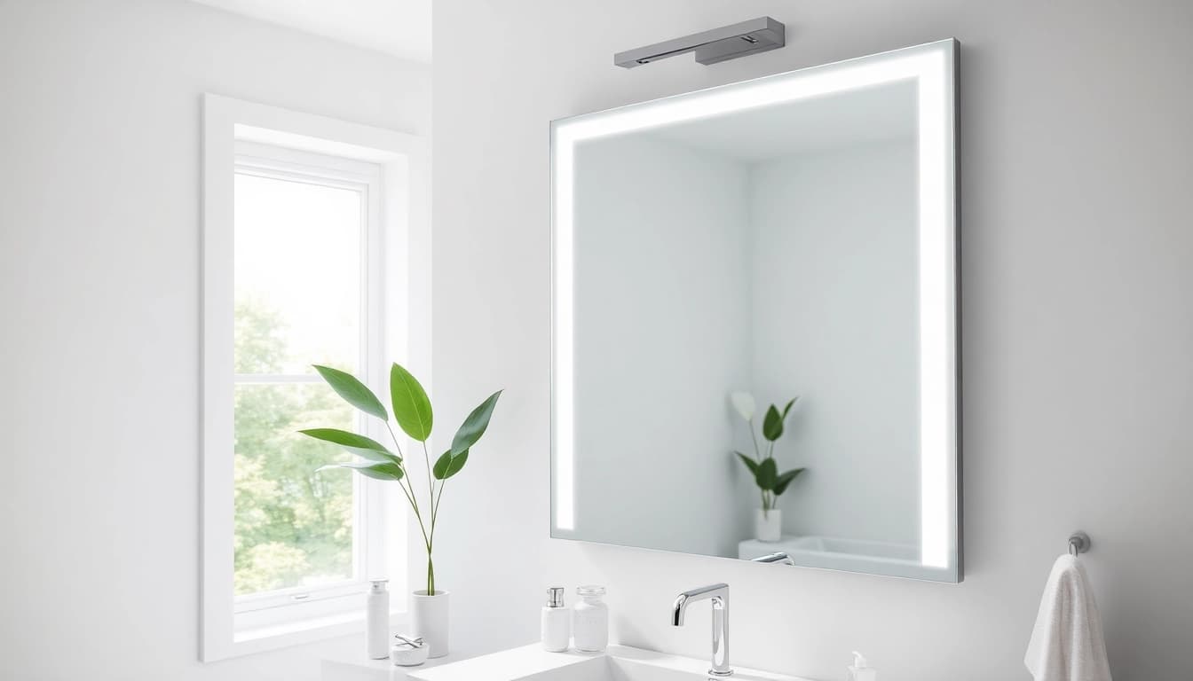 Showcasing an elegant bathroom mirror enhancing its modern surroundings with integrated LED lighting.