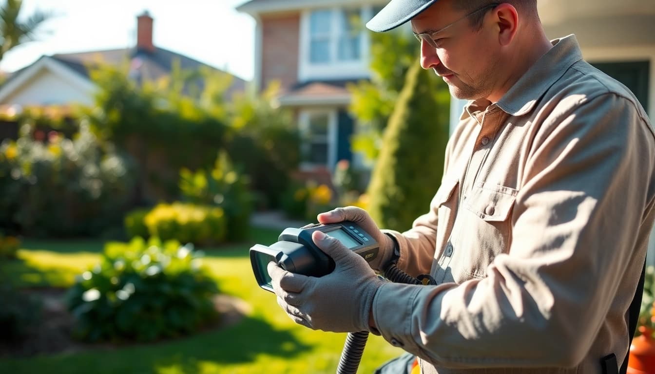 Pest control expert demonstrating solutions as a trusted pest control provider at a residential site.