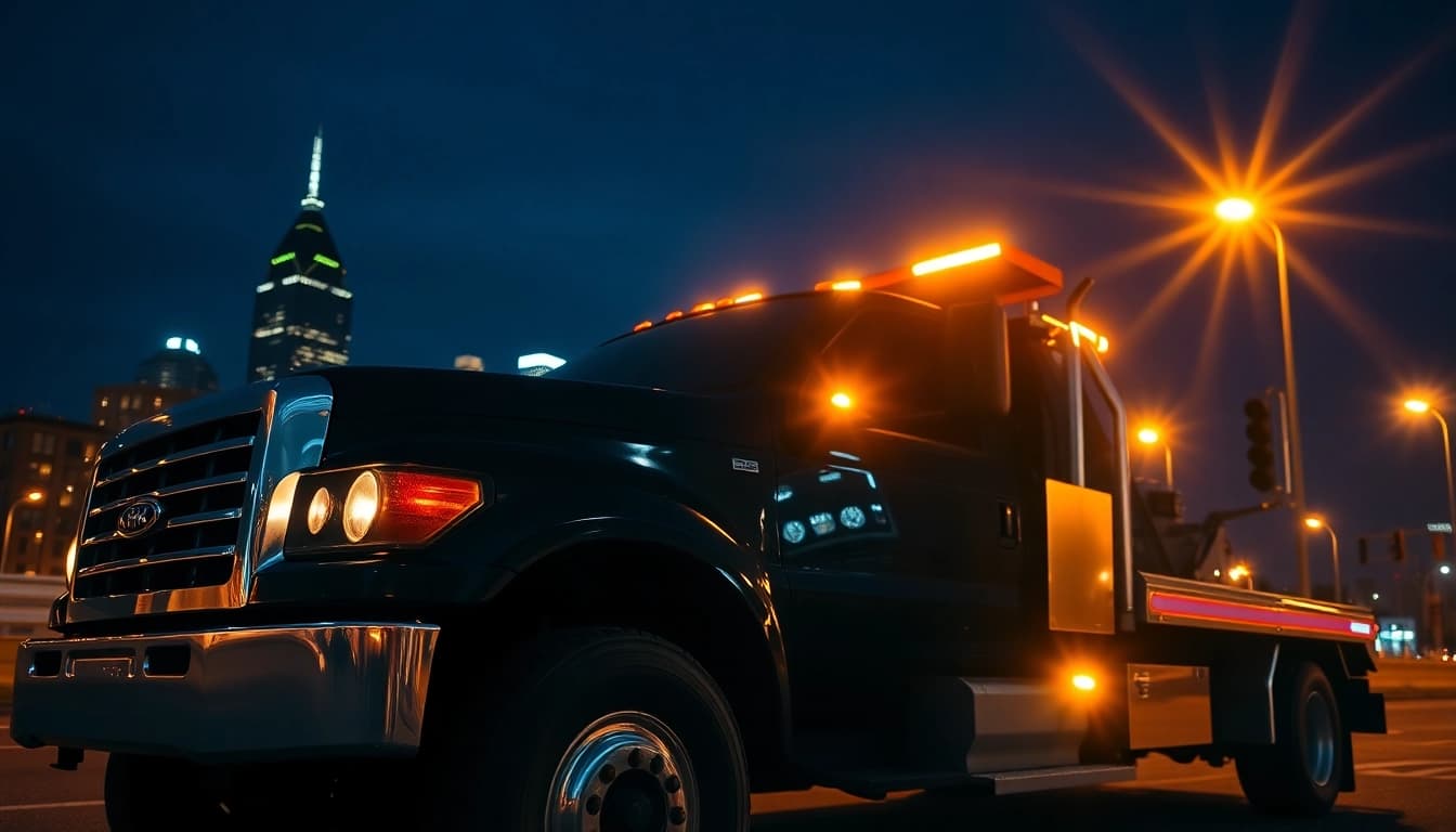 24 hour tow truck Nashville ready for service against a vibrant night skyline.