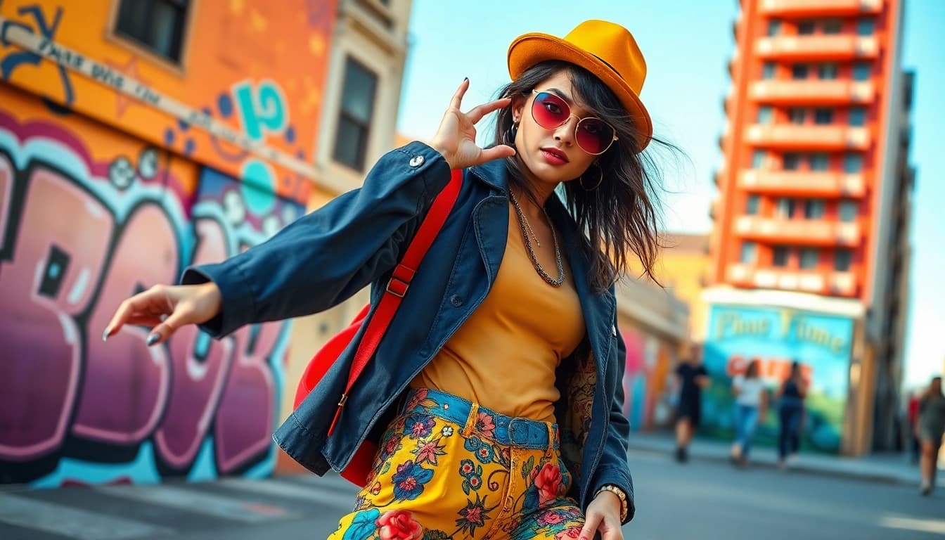 Fashion model showcasing trendy street style in an urban environment.
