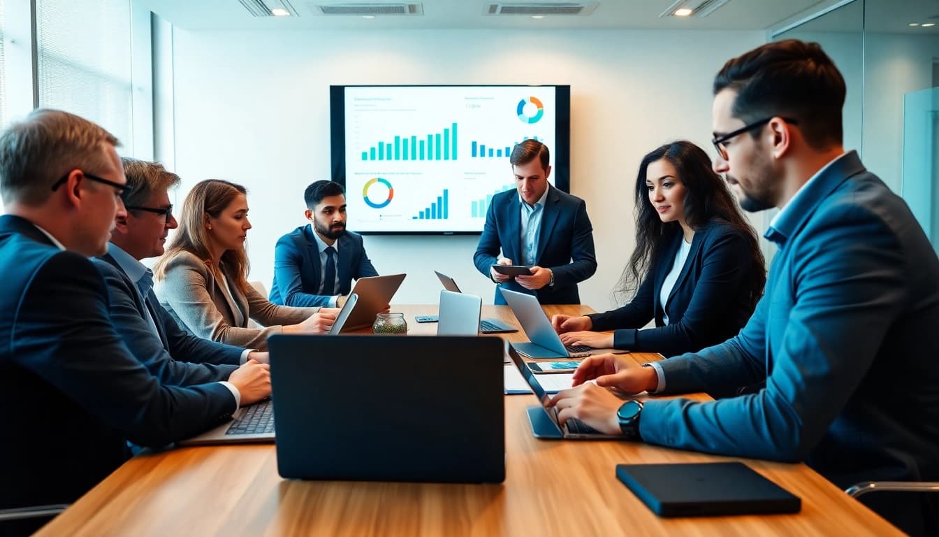 Team analyzing competitive intelligence data in a bright office setting with technology.