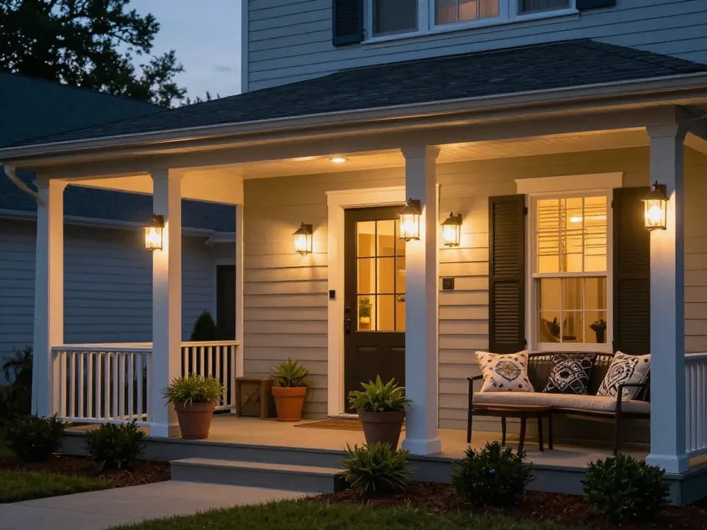 Dusk to dawn outdoor lights enhancing a residential porch ambiance with warm illumination and decorative seating.