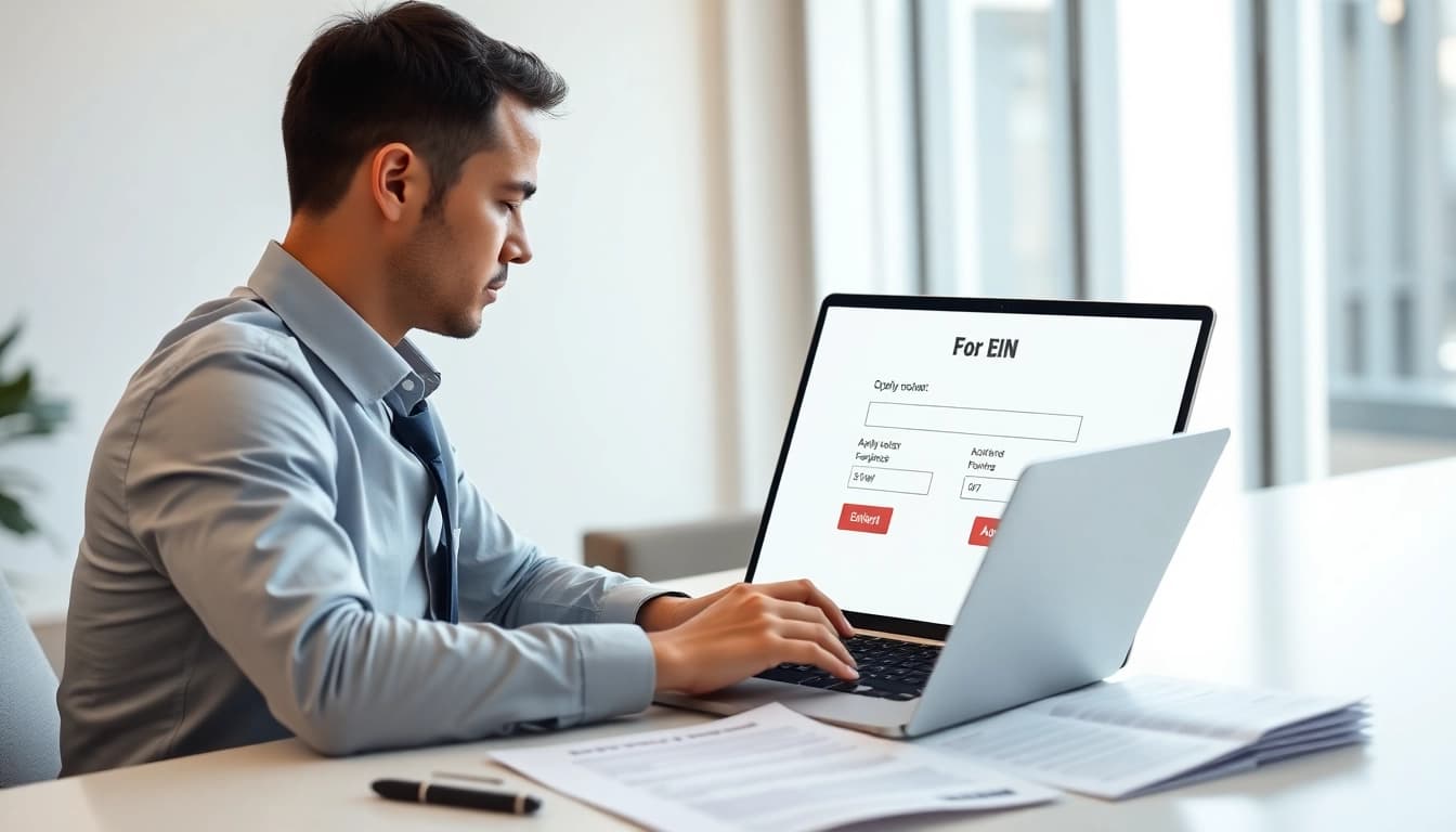 Get an EIN online through a professional setting with a focused businessman at his laptop.
