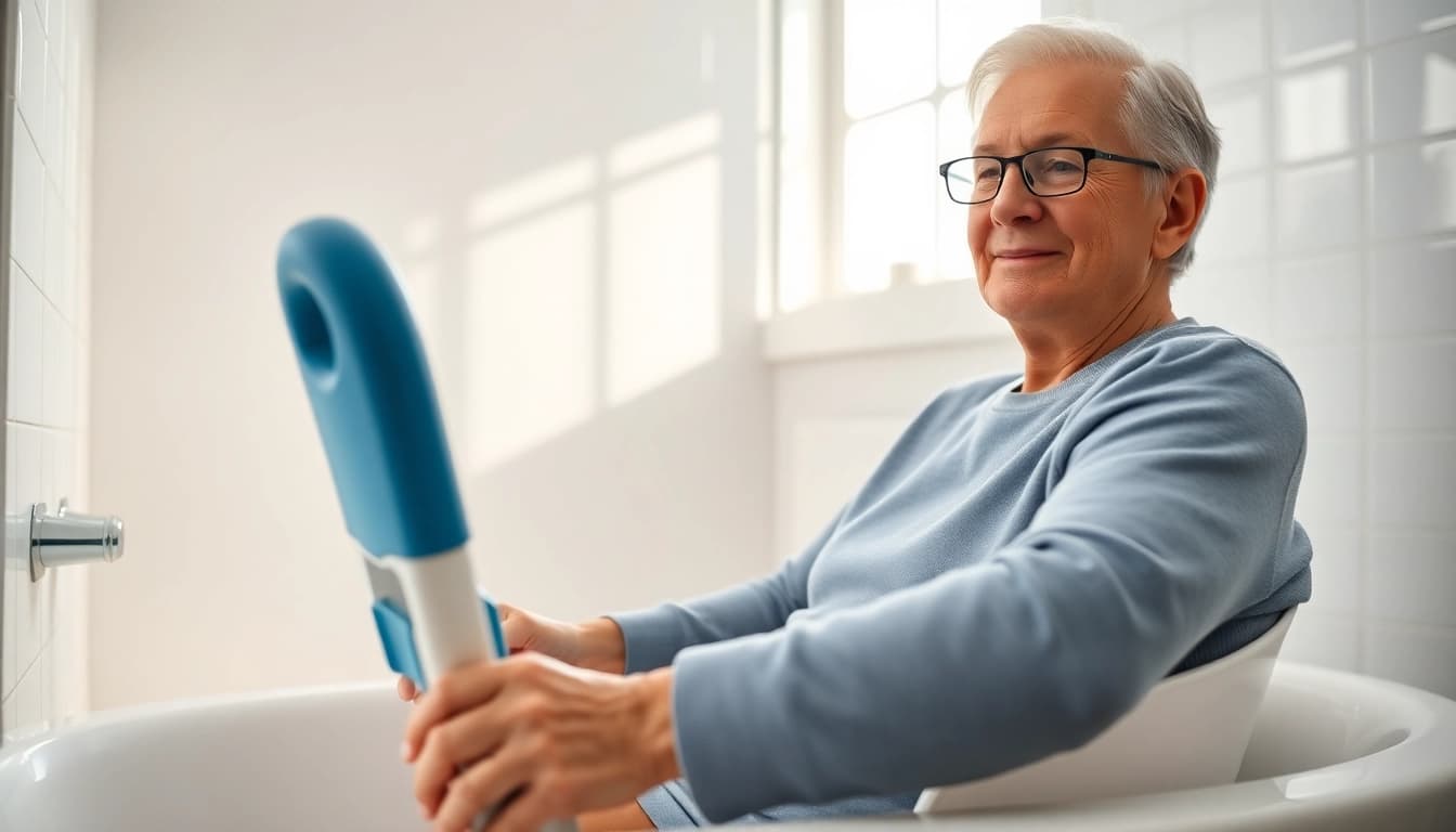 Ergonomische badehilfe für senioren in einem sicheren Badezimmer-Setup.