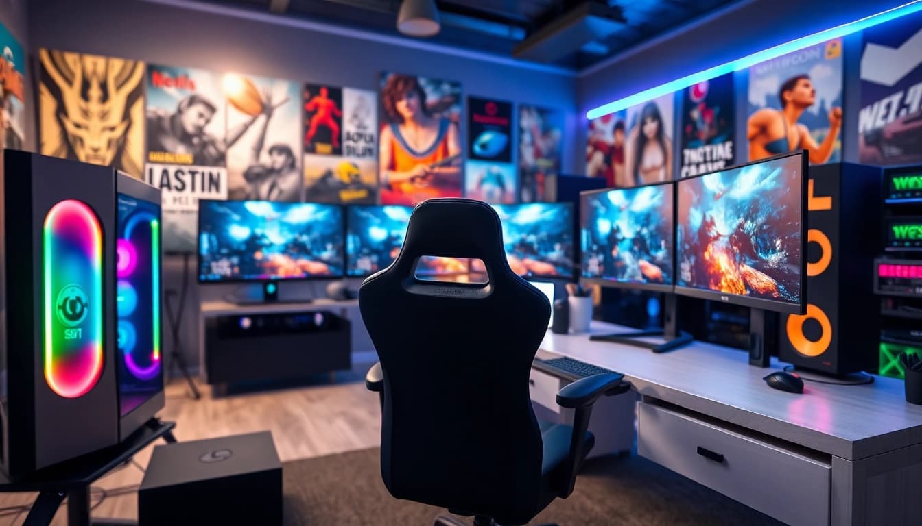 Menghasilkan pengalaman gaming naga303 dengan setup komputer canggih dan pencahayaan RGB.
