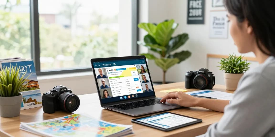 Travel agent software in action: advisor collaborating with colleagues on vibrant itineraries.