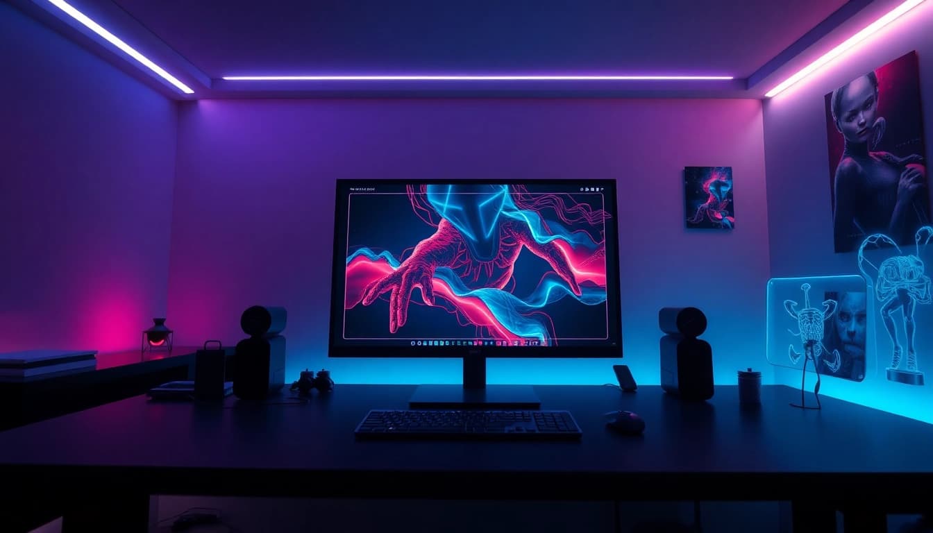 NSFW AI image generator showcased in a modern tech workspace.