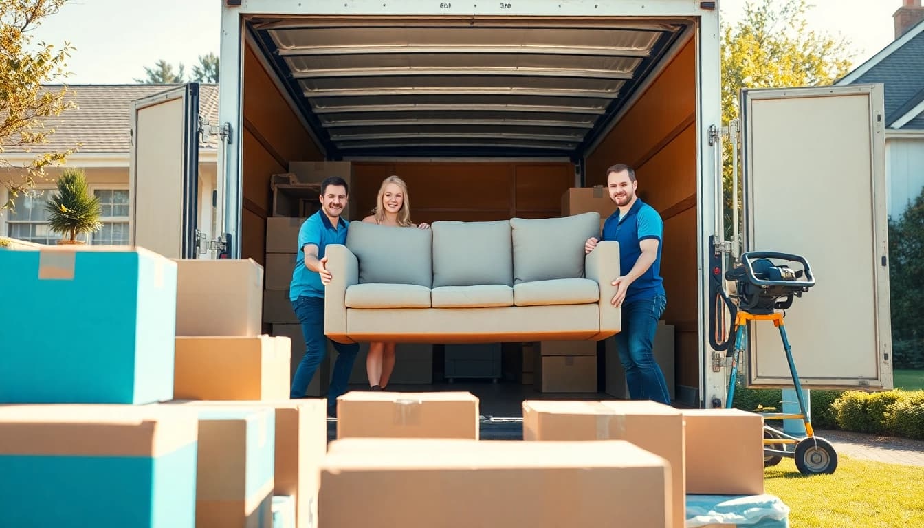 House removal companies team efficiently moving items into a truck in a sunny suburban setting.