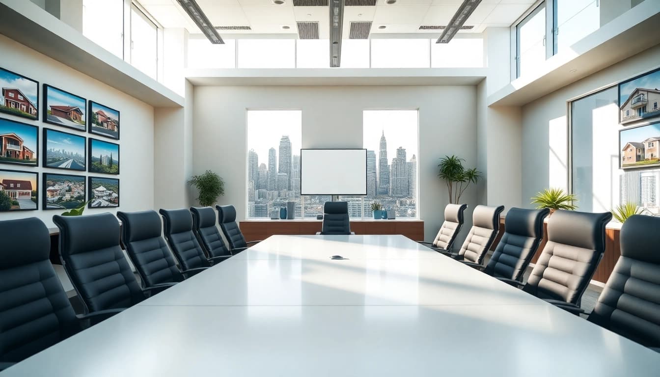 Showcasing Real Estate office interior with a modern design and bright natural lighting.