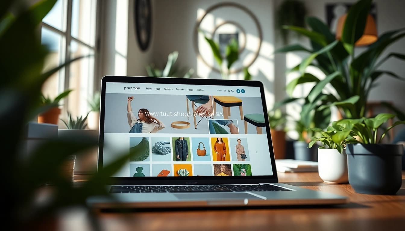Explore the vibrant e-commerce experience at www.tuut.shop/en-SA with a sleek laptop setup.