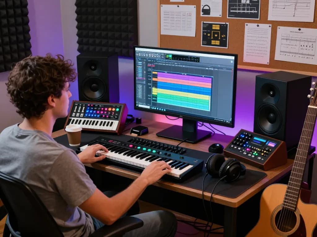 Musician in a home studio with SC88 sound module, MIDI keyboard, and vibrant lighting.