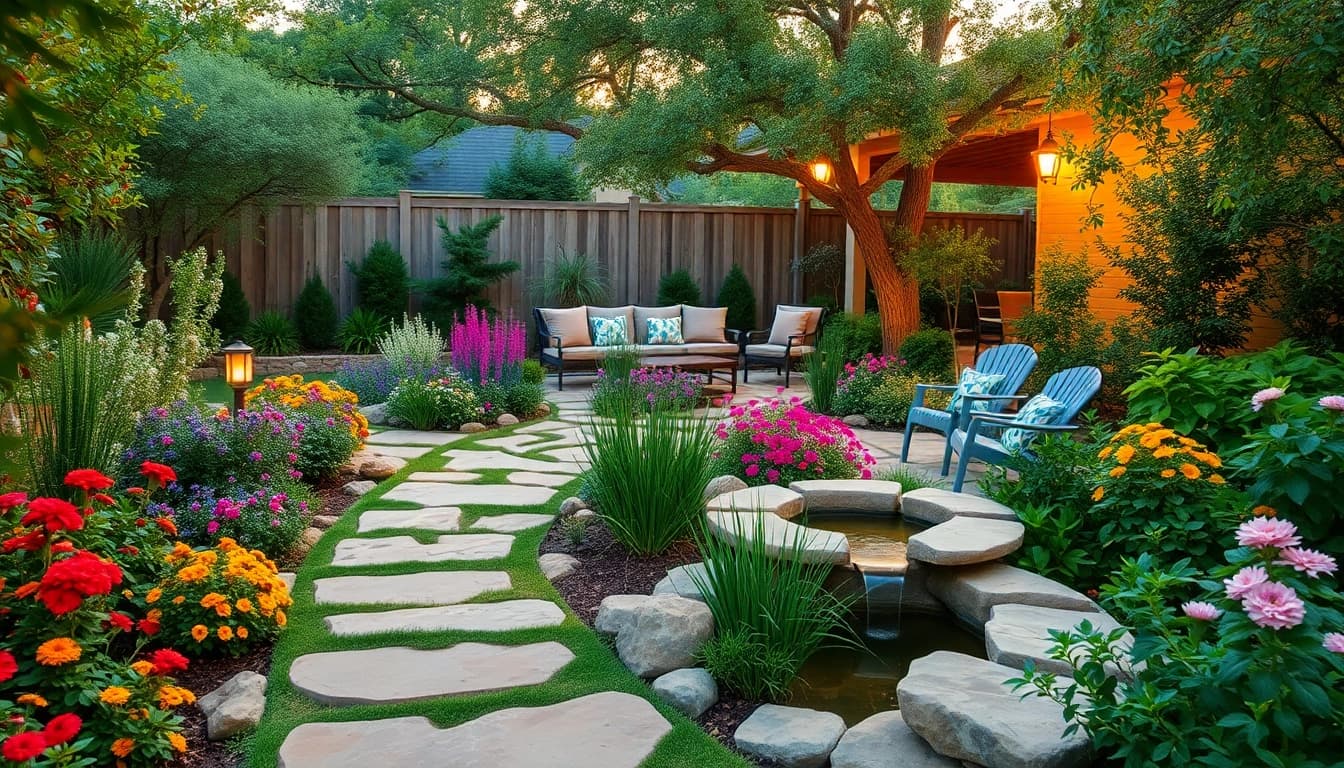 Stunning landscape design in San Antonio, TX featuring a vibrant garden and relaxing seating area.