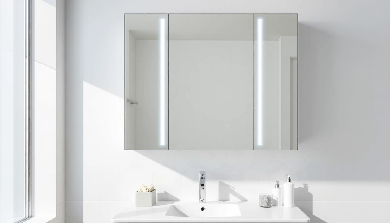 Spiegelschrank mit LED Beleuchtung im modernen Badezimmer mit eleganter Anordnung und Beleuchtung.
