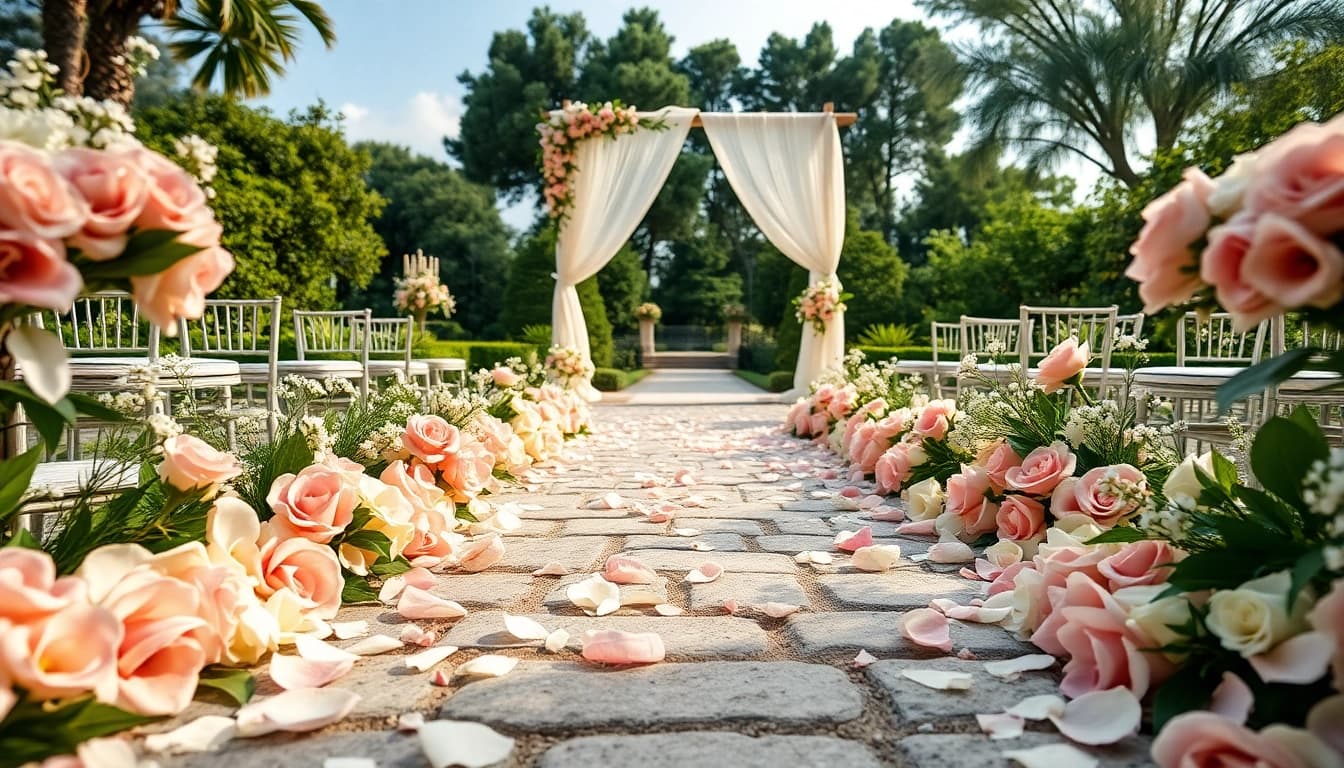 Gorgeous outdoor setup at a Jacksonville Wedding Venue adorned with flowers and natural greenery.