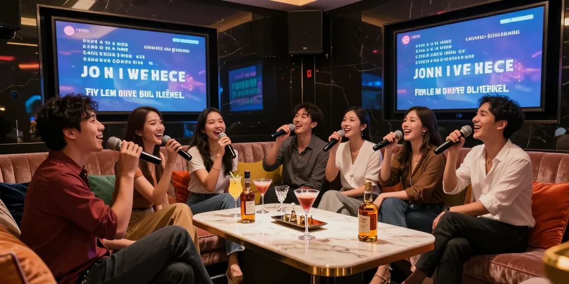 강남가라오케에서 친구들과 즐거운 시간을 보내는 모습, gangnamtune.com/에서 소개된 화려한 분위기.