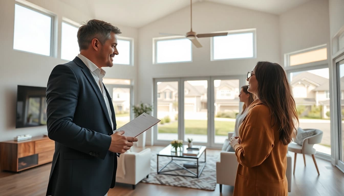 Real Estate expert showcasing a modern home to potential buyers in a bright setting.