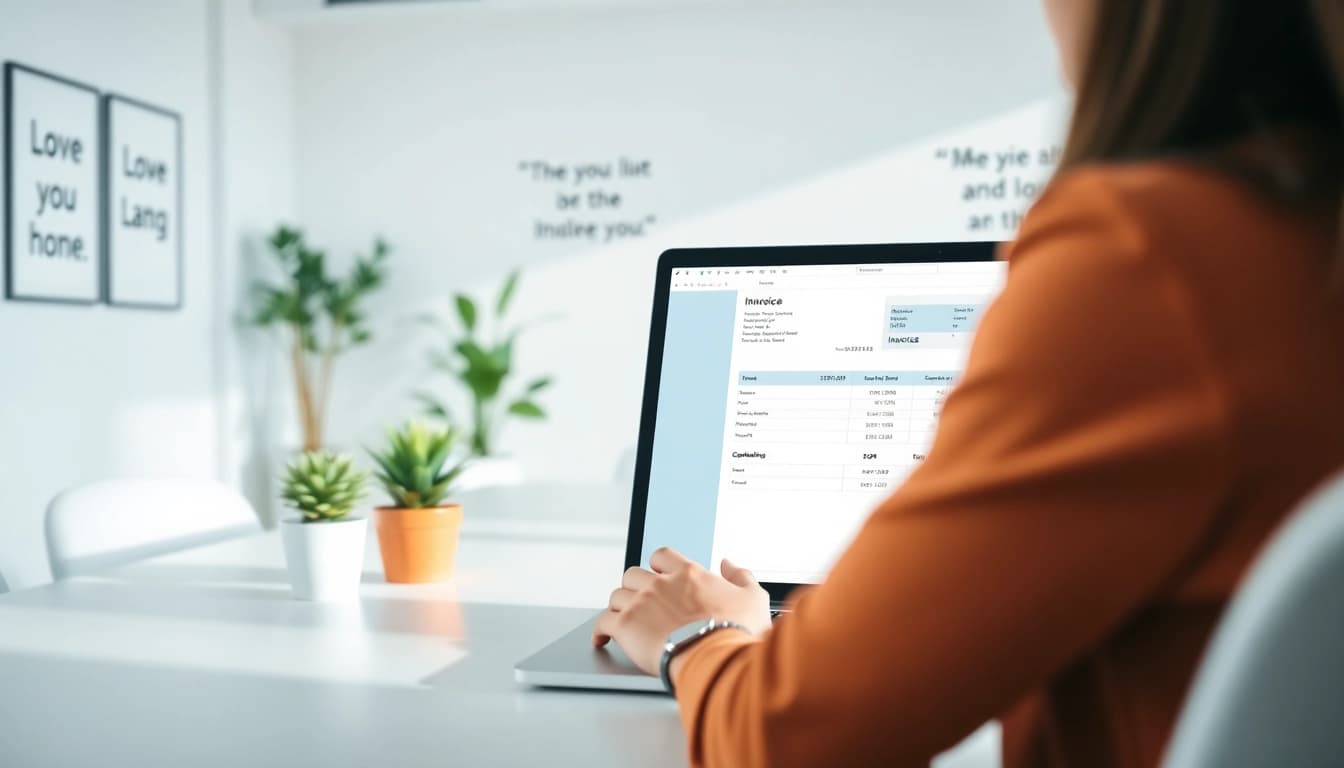 Streamlined interface of invoice processing software displayed on a laptop screen in a modern workspace.
