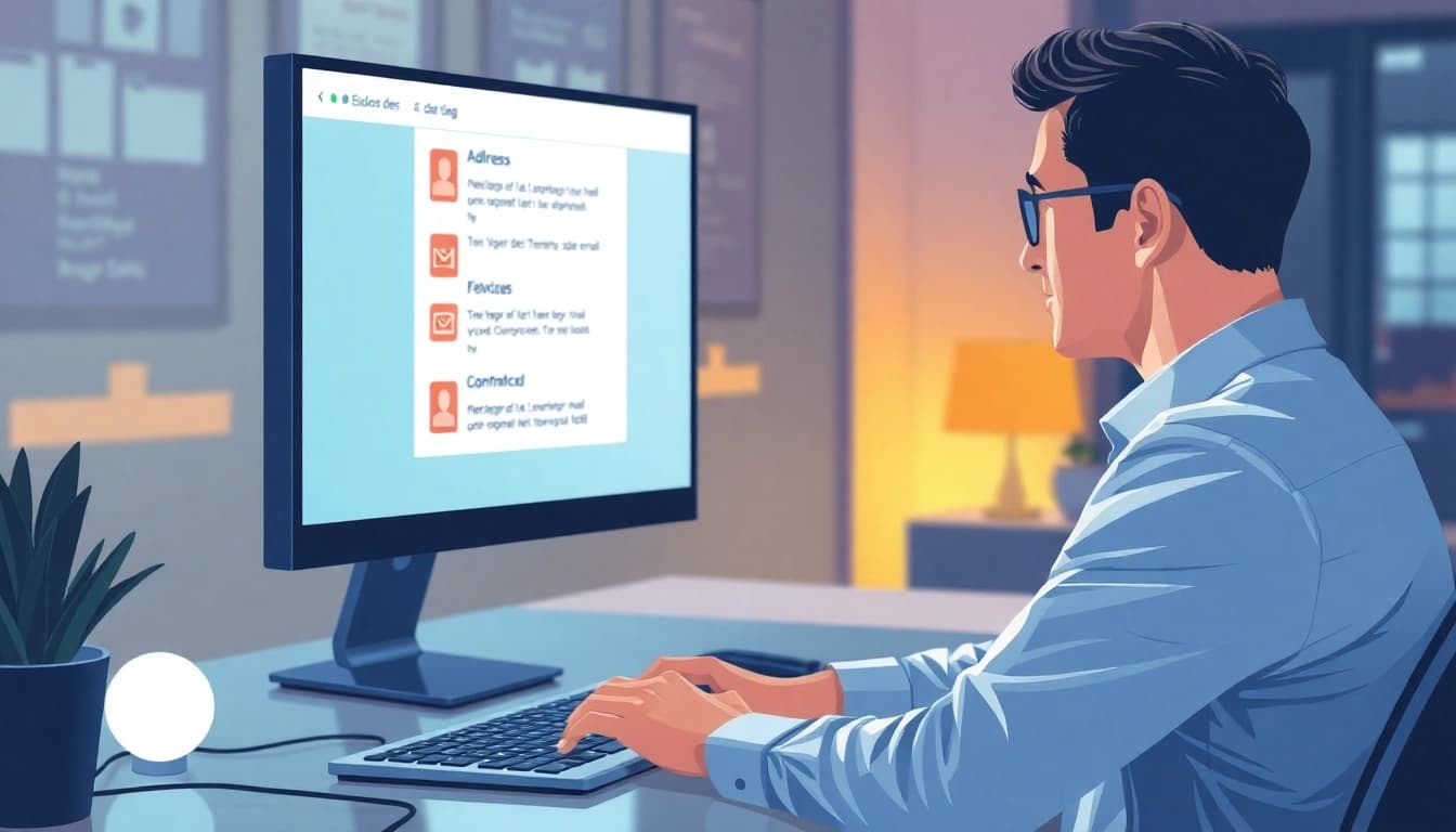 Validation d'email en ligne: professionnel vérifiant des adresses email sur un ordinateur, ambiance lumineuse.