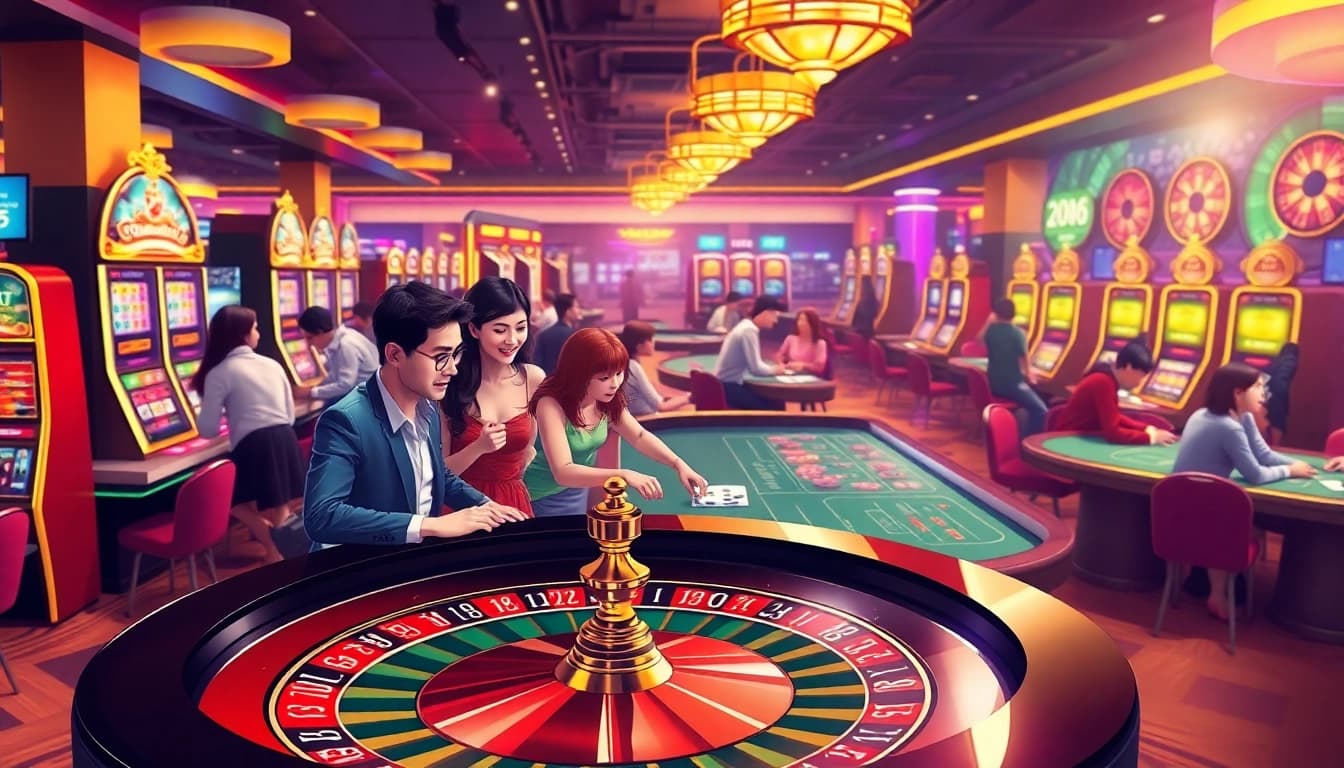 MM88 players are cheering around a roulette table filled with excitement and vibrant casino lights.