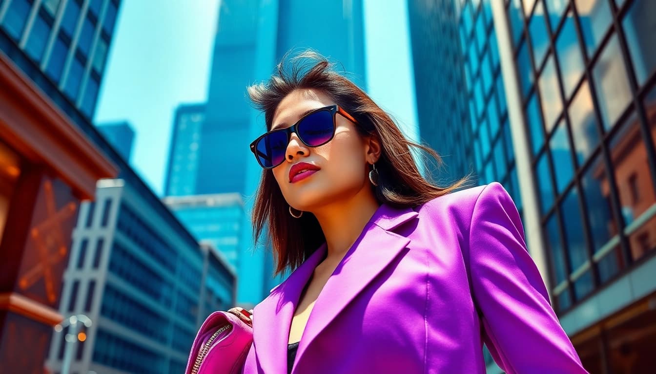 Model showcasing vibrant fashion in an urban setting with chic accessories and bright colors.