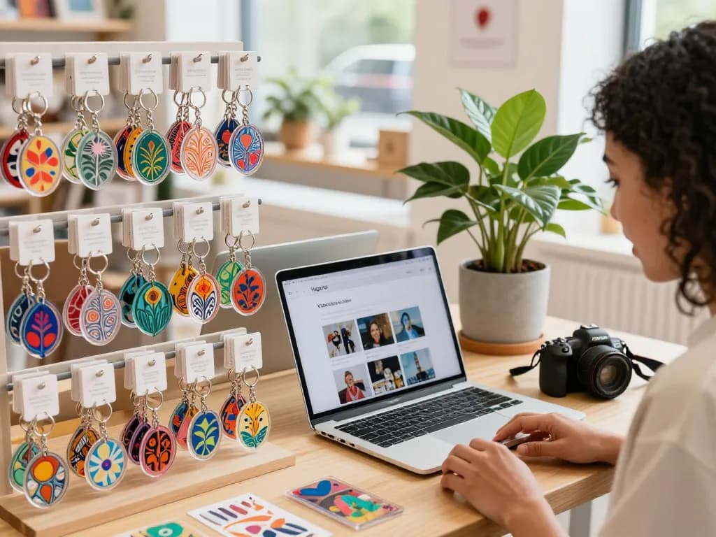 Explore custom acrylic keychains with vibrant designs at a modern retail display, showcasing various colorful options for creative personalization.