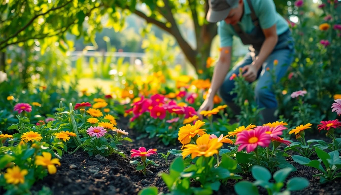 Gardening scene with a gardener nurturing vibrant plants in a colorful vegetable garden.