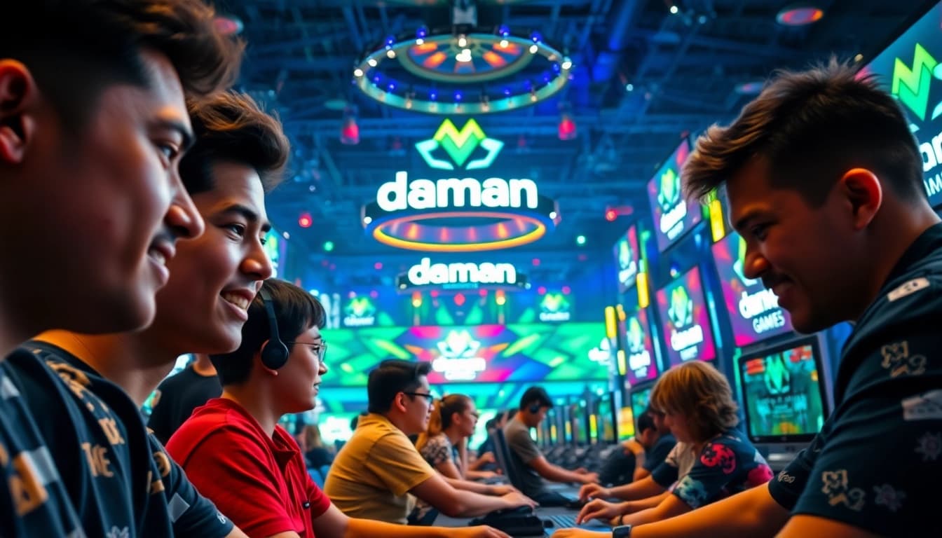 Players immersed in daman games at a vibrant gaming arena with colorful lights.