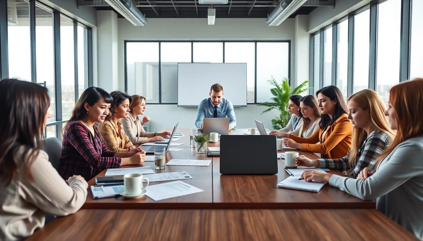 Collaborative scene showing proposal writing and management with a team at work.