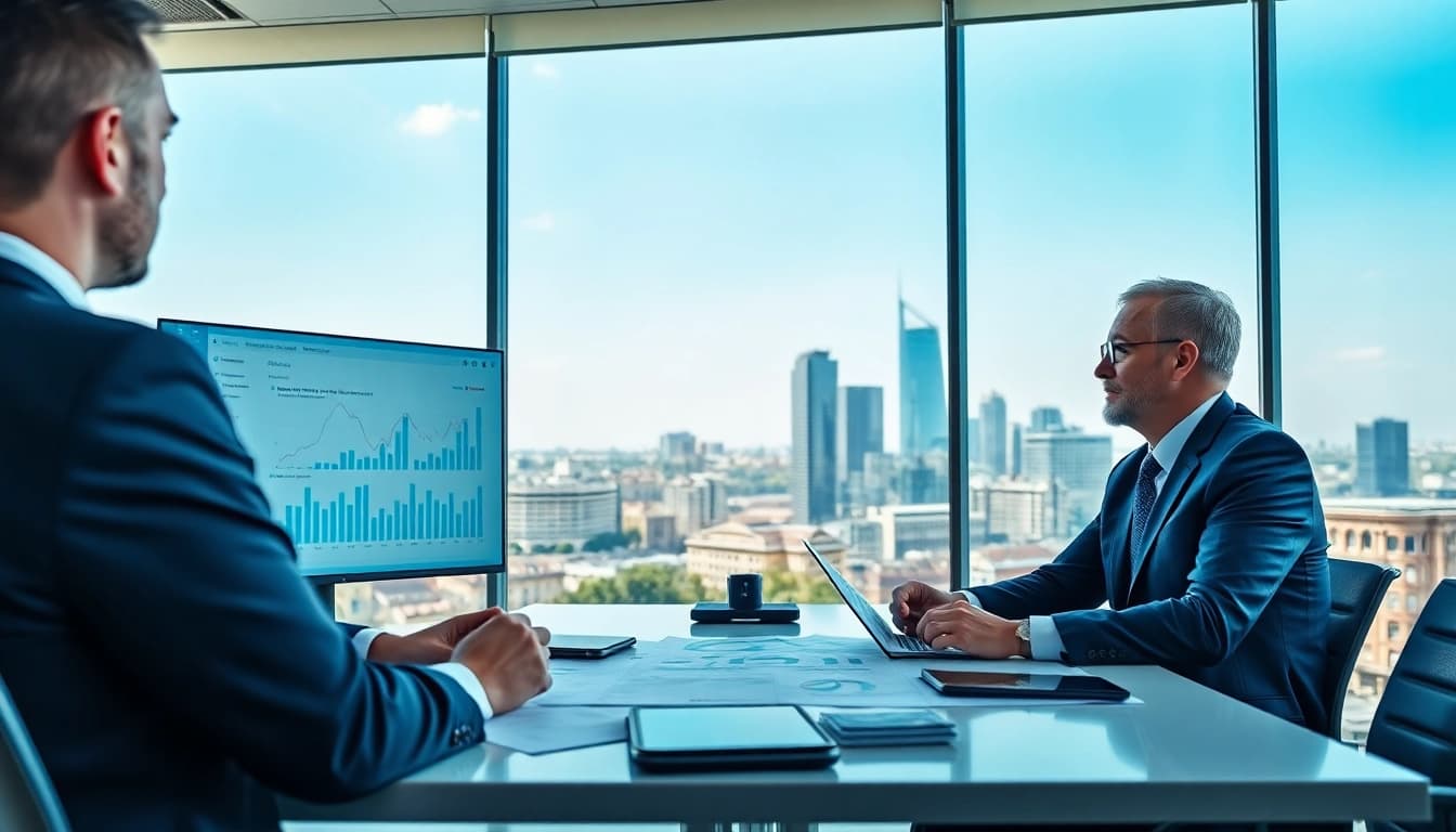 Immobilienbewertung auf https://frankfurt-immobilie-bewerten.de mit professionellem Berater und modernen Bürosetting.