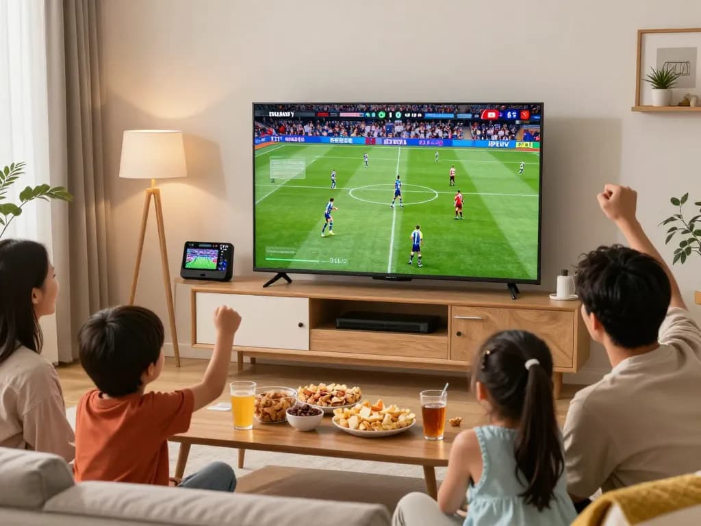 Gezin geniet van IPTV kopen terwijl ze live sport kijken in een gezellige woonkamer.